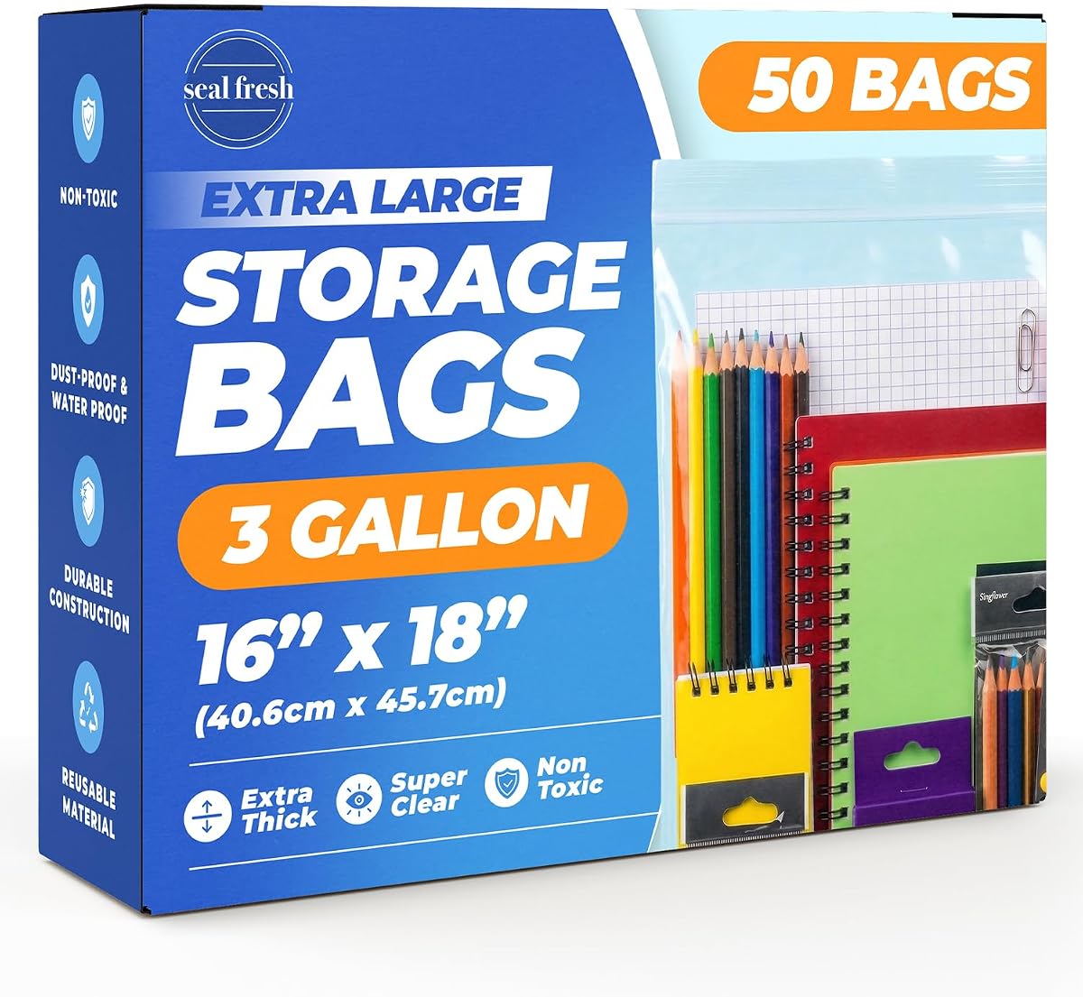 Seal Fresh 3-Gallon XXL Storage Bags 16 x 18 50 Count, Zipper Top, Travel
