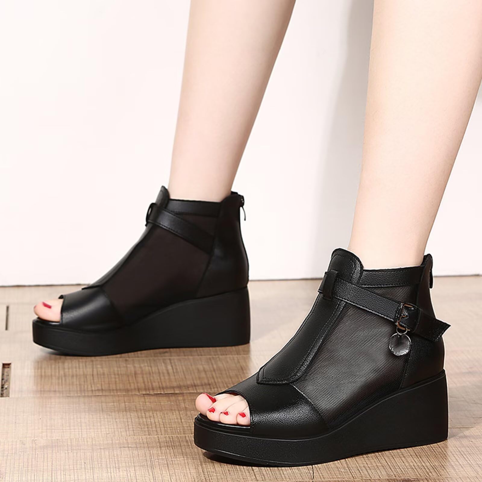 HNVAVQ Sandali con zeppa da donna, stivaletti alla caviglia con plateau e punta aperta, tacco medio da 6 cm,Sandali estive traspiranti con zip, scarpe casual e comode per camminare