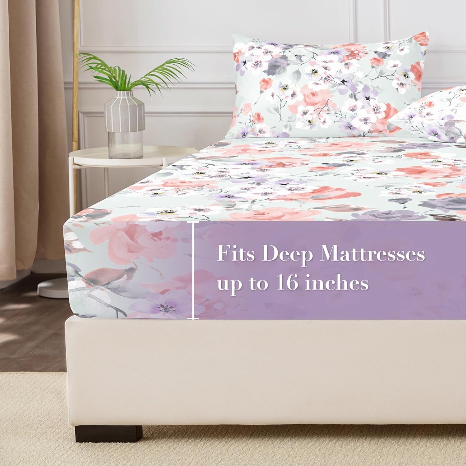 Floral Fitted Sheet with Pillow Cases, 100% Brushed Microfibre Deep Pocket Fitted Bottom Sheet, Ultra Soft, Shrinkage and Fade Resistant, Queen Size