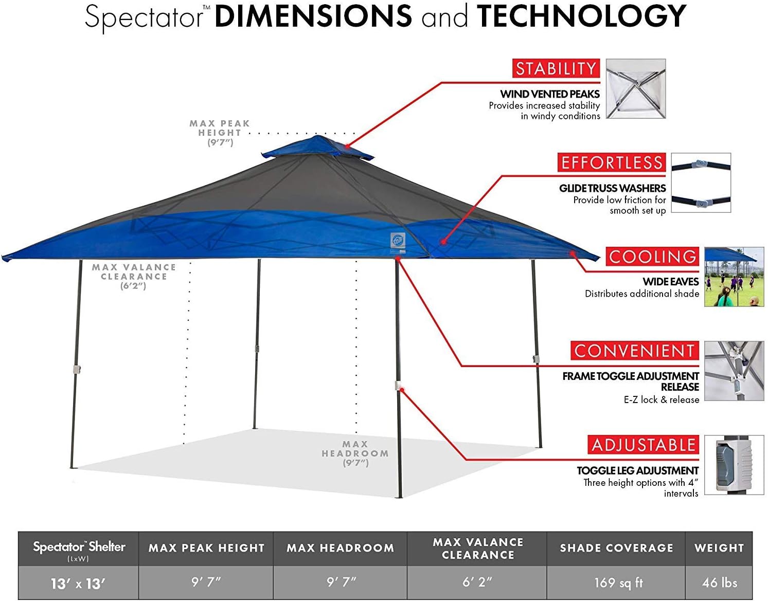E-Z UP Spectator Instant Shelter Canopy, 13' x 13' with 169 sq ft of Shade, Vented Roof, Royal Blue Dual Tone
