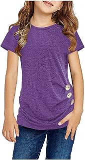 Camiseta de verano para niña, color negro, transpirable, camisetas para niños con cuello redondo, monocolor, camiseta de manga corta, camiseta suelta para niñas, camiseta con botones, algodón, ropa