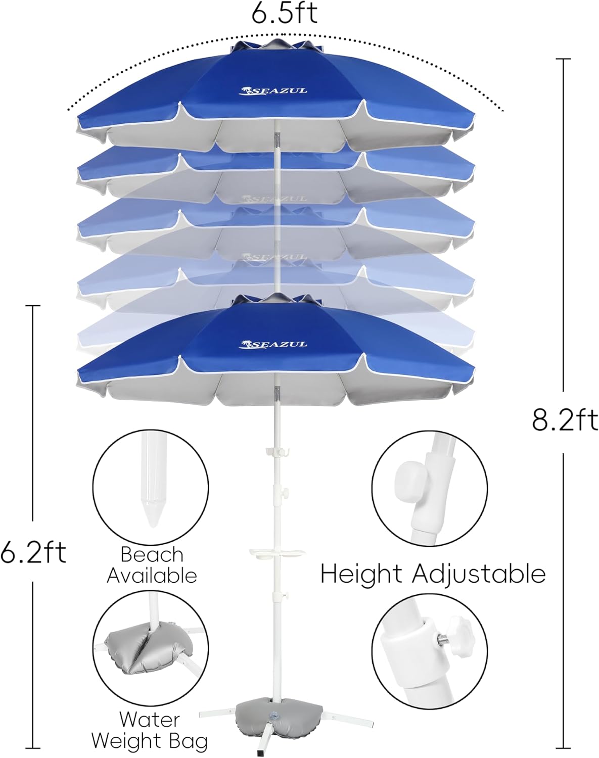 6.5ft Sun Shade Umbrella, Portable Umbrella with Stand for Sports, Water Weight Bag, Adjustable and Lightweight, Sun Protection, Royal Blue