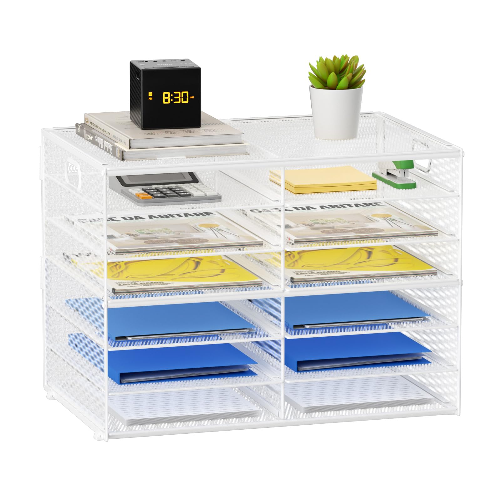 12 Compartments Paper Organizer for Desk, Mesh Literature Organizer, Mail File Sorter Tray with Handle, Desktop Mailbox for Office Classroom Home, Black - White