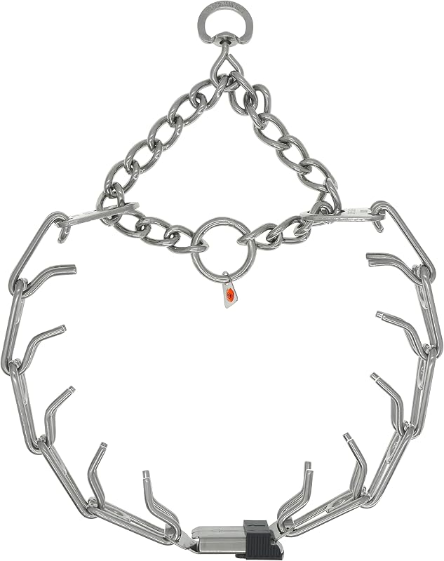 Coleira de Pinos para Cães Grandes e Extra Grandes em Aço Inoxidável Herm Sprenger com Fecho ClicLock Central e Corrente de Montagem — 70 cm