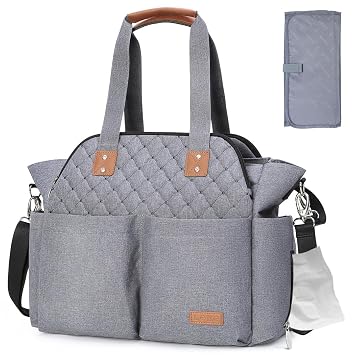 Lekebaby Diaper Bag Tote 17 Pockets Large Travel Diaper Grey | Waterproof Tote with Portable Changing Pad, Mom Crossbody Hospital Bag for Labor Delivery, Baby Essentials for Newborn Gifts