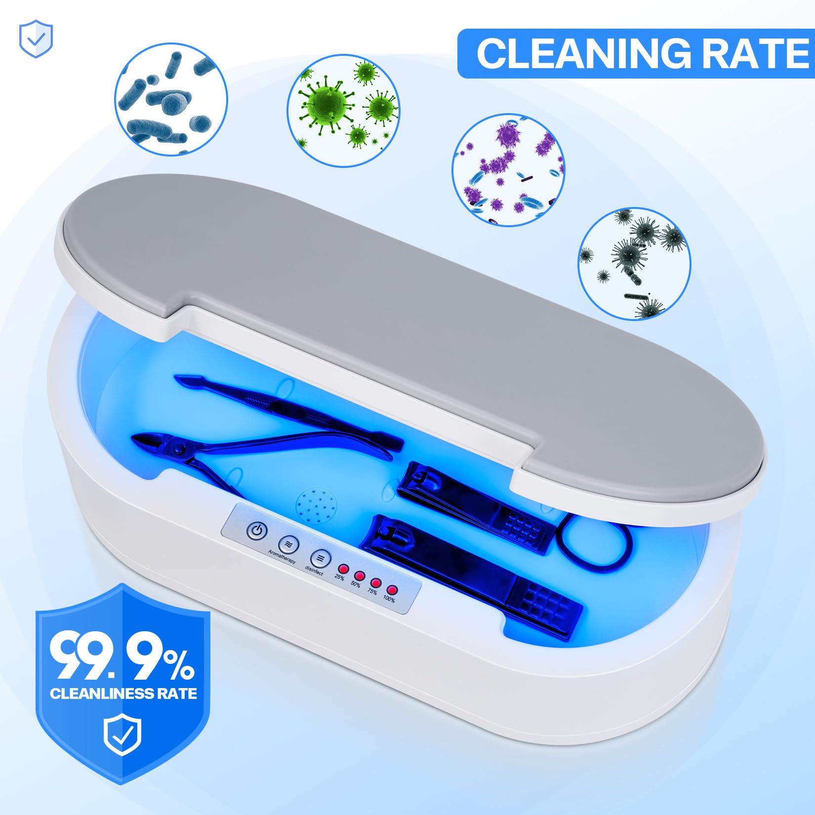 Esterilizador de herramientas de uñas, multifunción con luz azul, caja esterilizadora de limpieza de aromaterapia para joyas, gafas, teléfono, manicura de uñas, herramientas de maquillaje 6