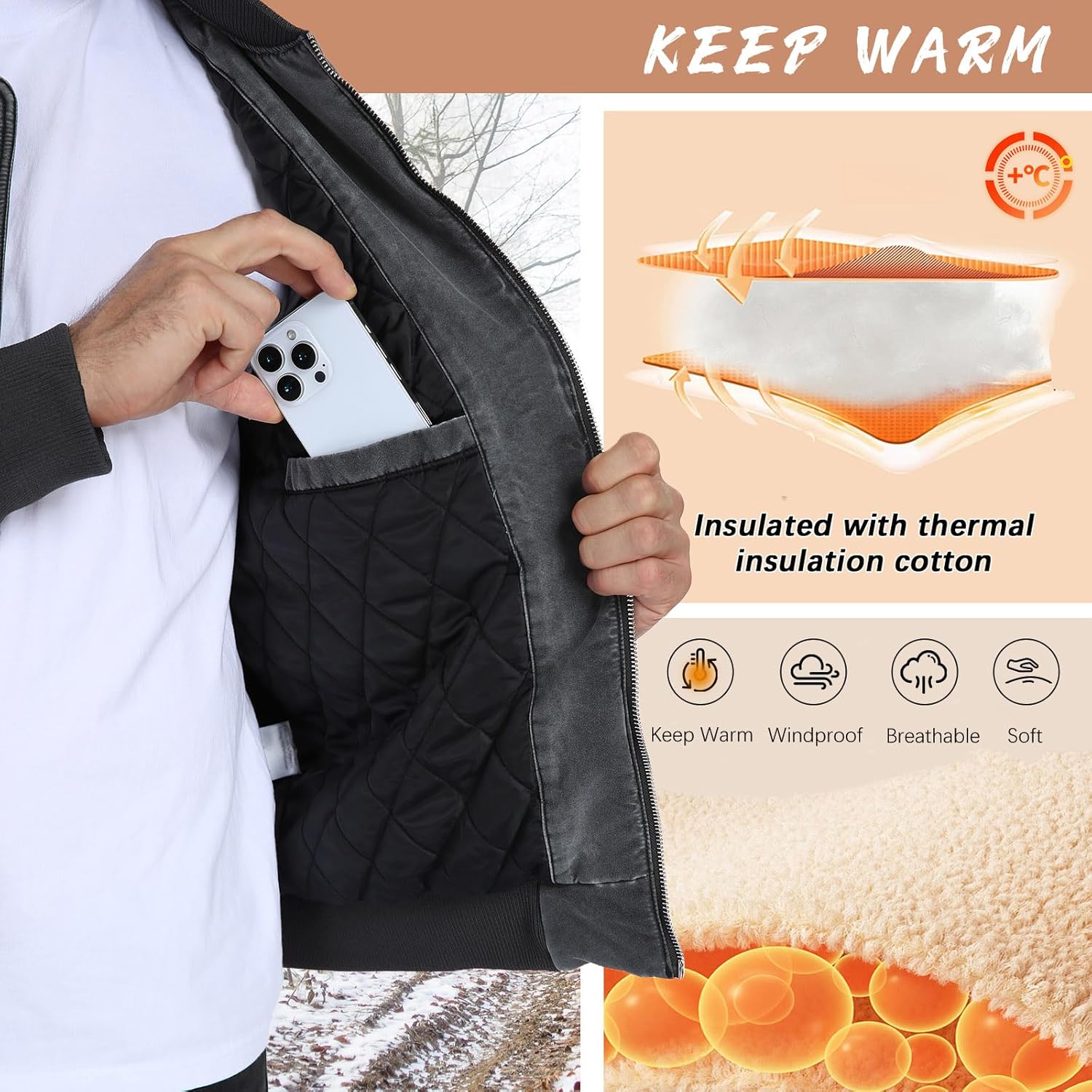 Oymyakon Mens Vintage Bomber Jacket Washed Fall Winter Warm Military Jackets Casual Padded Coats Windbreakers - Image 6