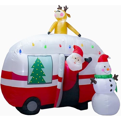 8FT Christmas Inflatable Santa Snowman Camper Inflatables Decoration with LED Lights Outdoor Yard to Blow Up Christmas Car Easter Decorations