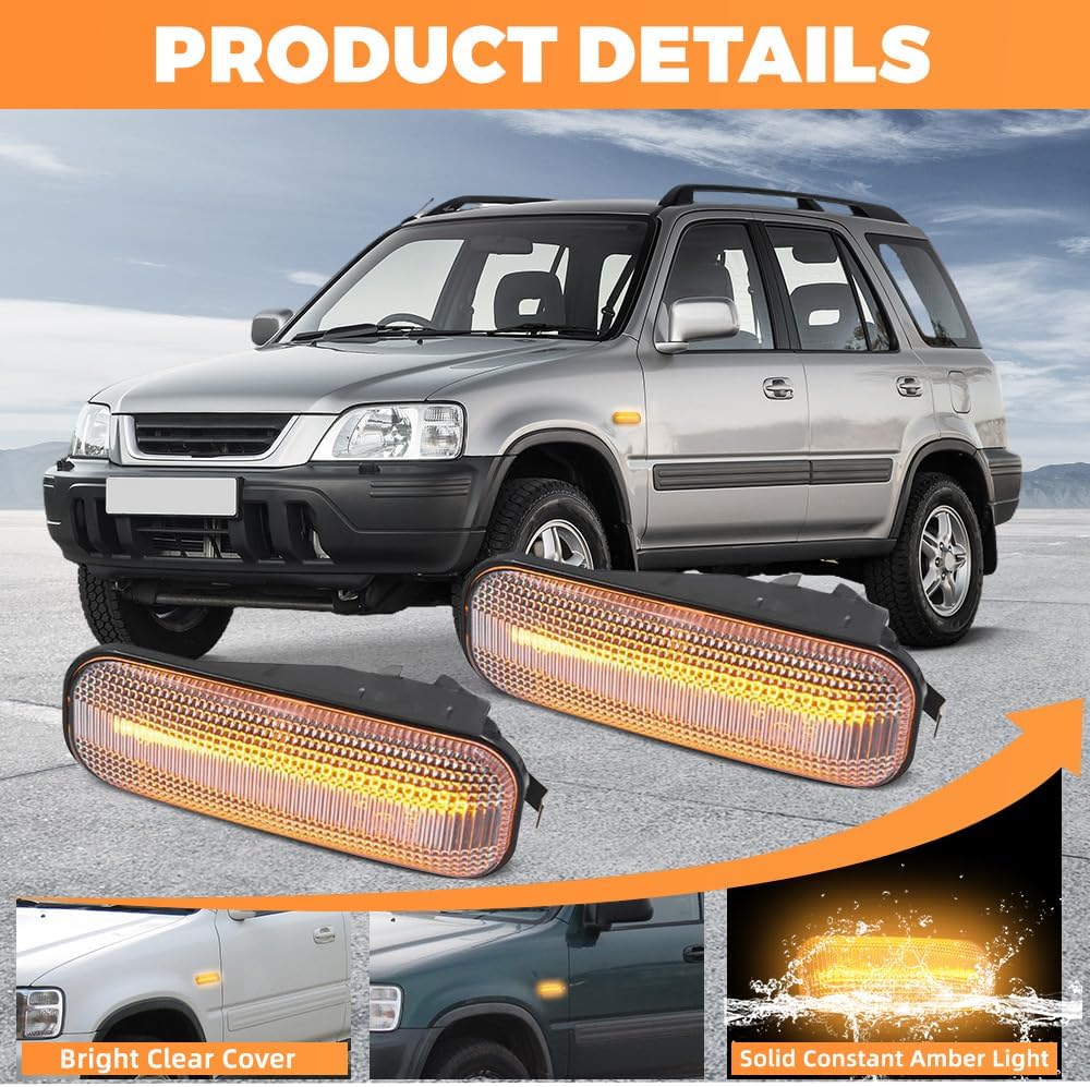 LED Side Marker Light, Compatible with Honda Civic 2/3/4DR 1996-2000, CR-V 1997-2000, 34351-SL4-003, 34351SL4003, Turn Signal Repeater Light, Clear Cover Solid Constant Amber Light