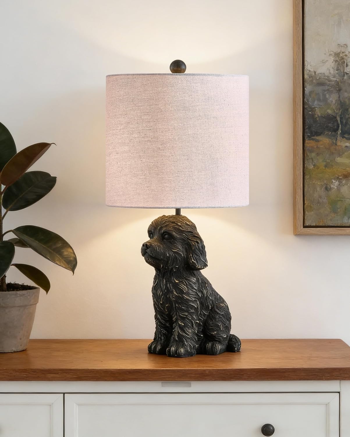 Crestview Collection 24" Bronze Doodle Dog Table Lamp, Resin Desk Lamp with Linen Shade,Cute Bedside Lamp for Bedroom,Nightstand Lamps for Living Room,Unique Aesthetic Home Room Decor Gifts
