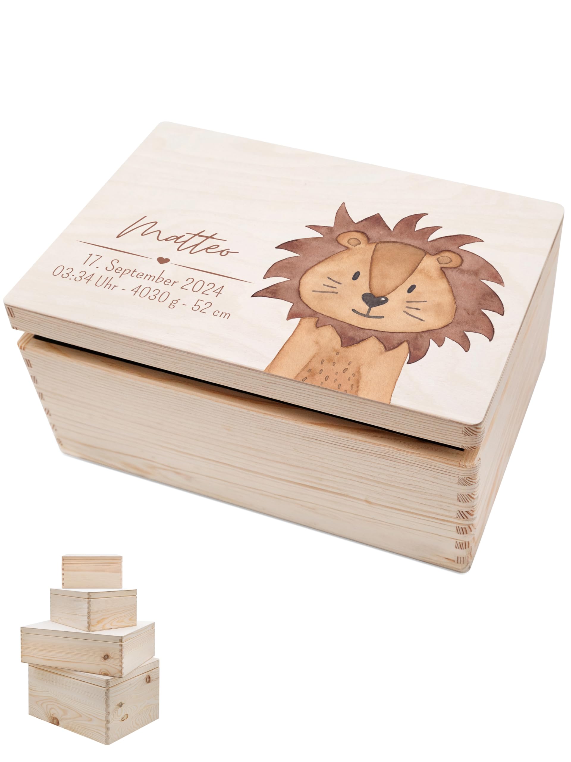 wunderwunsch - Personalisierte Erinnerungskiste Baby mit Spezial-Druck - Baby Erinnerungsbox - Erinnerungskisten aus Holz - Geschenk zur Geburt (Löwe, M flach-Klappdeckel)
