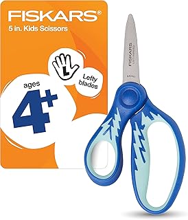 Fiskars Kids Scissors, Left Handed Scissors for Kids, Scissors for school, SoftGrip, 5 Inch, Blue Lightning