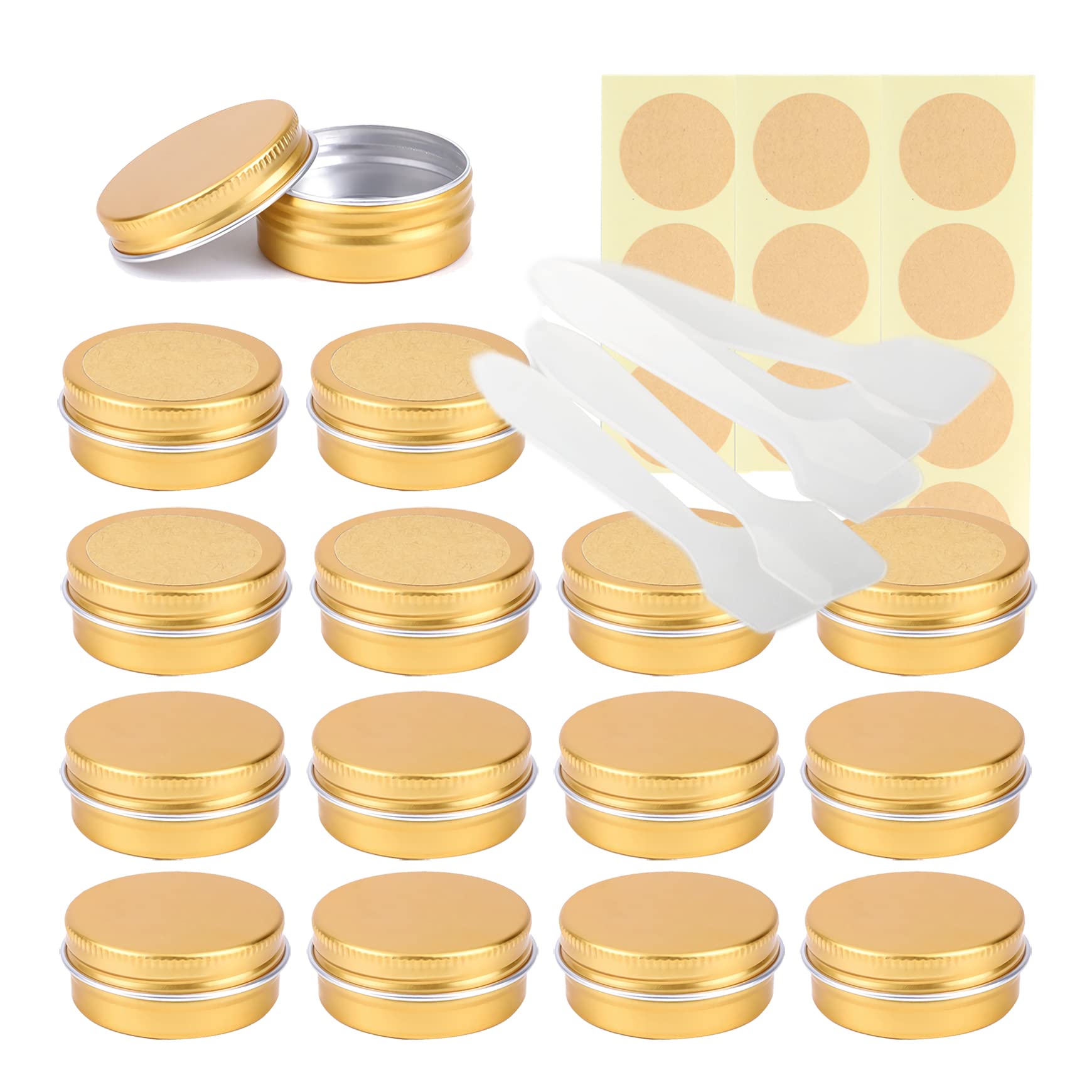 LusDoly Pack of 50 Empty 15ml Gold Aluminium Tins with Lids - Ø41x17mm Round Aluminum Screw Pots Travel Round Cosmetic Cream Container Jars for Candle Lip Balm, Salve with Spatulas & Labels