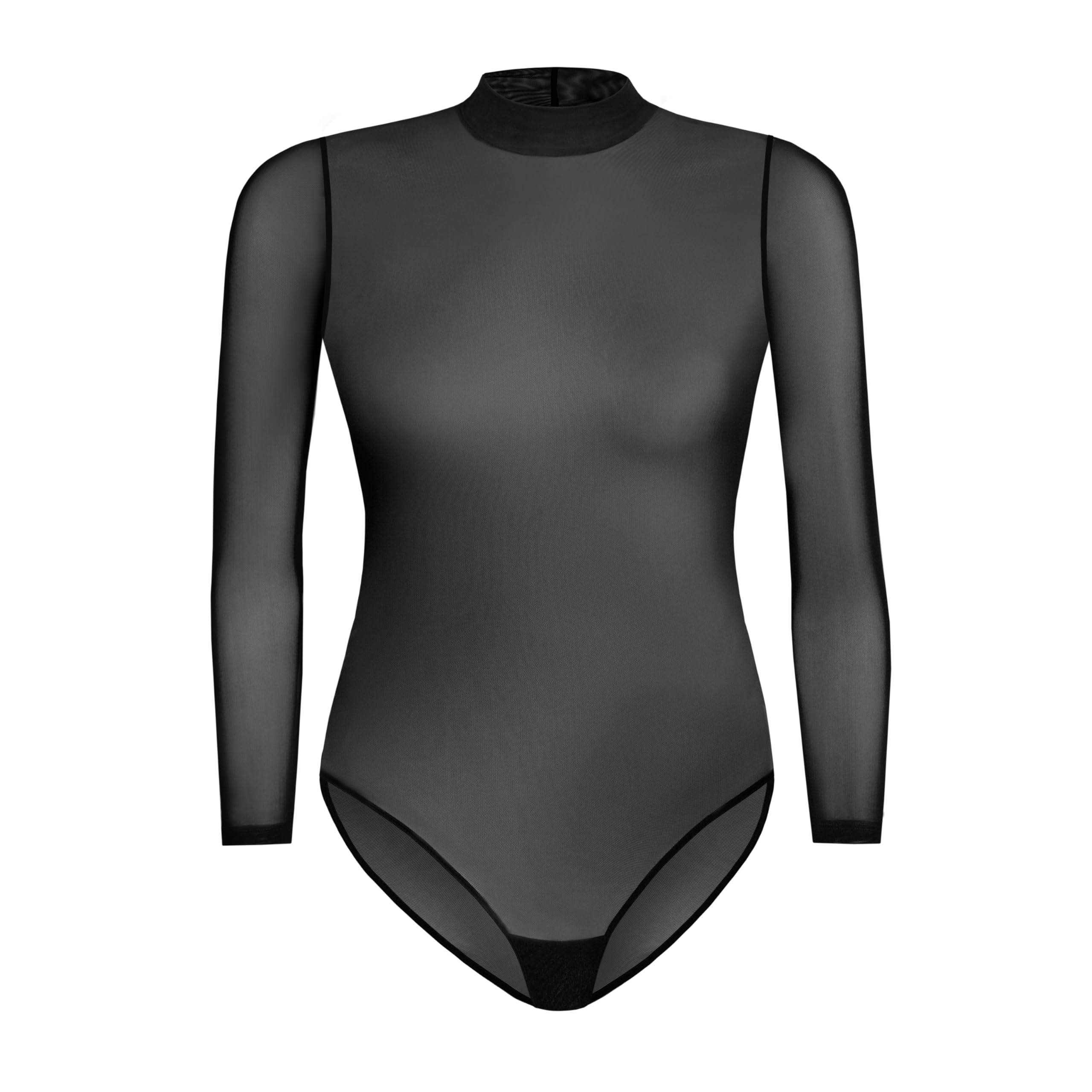 Teyli Body Femme Élégant À Manches Longues En Résille Transparente Avec Col Montant Qui Met En Valeur La Silhouette.