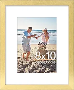 decorUhome 8x10 Picture Frame, Display Photos 5x7 with Mat or 8x10 Unmatted, Engineered Wood Frame with Plexiglass for Wall and Tabletop Display, Gold, Set of 1