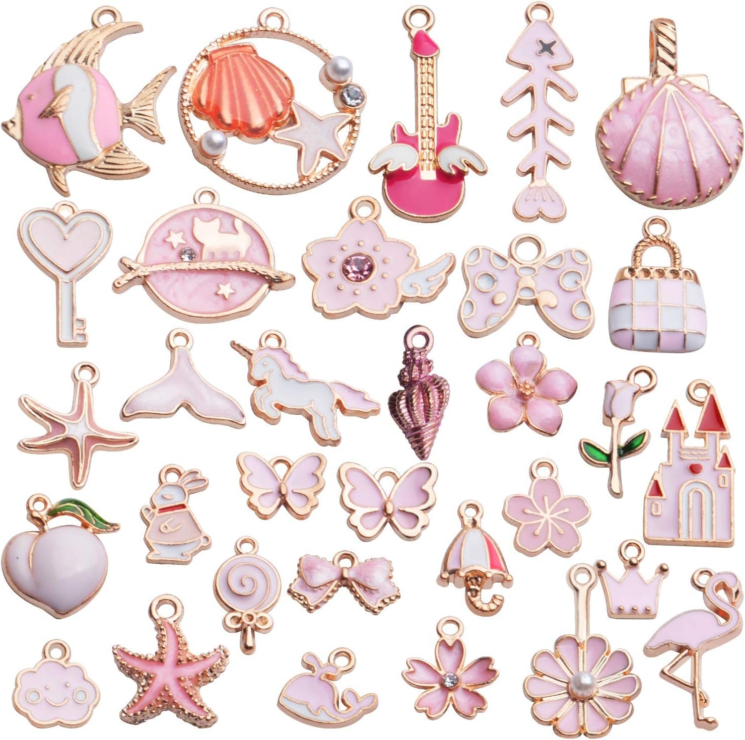 Street27® 1 Set 31pcs DIY Mixed Assorted Gold Plated Enamel Charm Unicorn Flower Dress Fish Shell Moon Star Animals Pendant DIY for Necklace Bracelet Jewelry Making and Crafting Charms, 0.32" - 1.06"