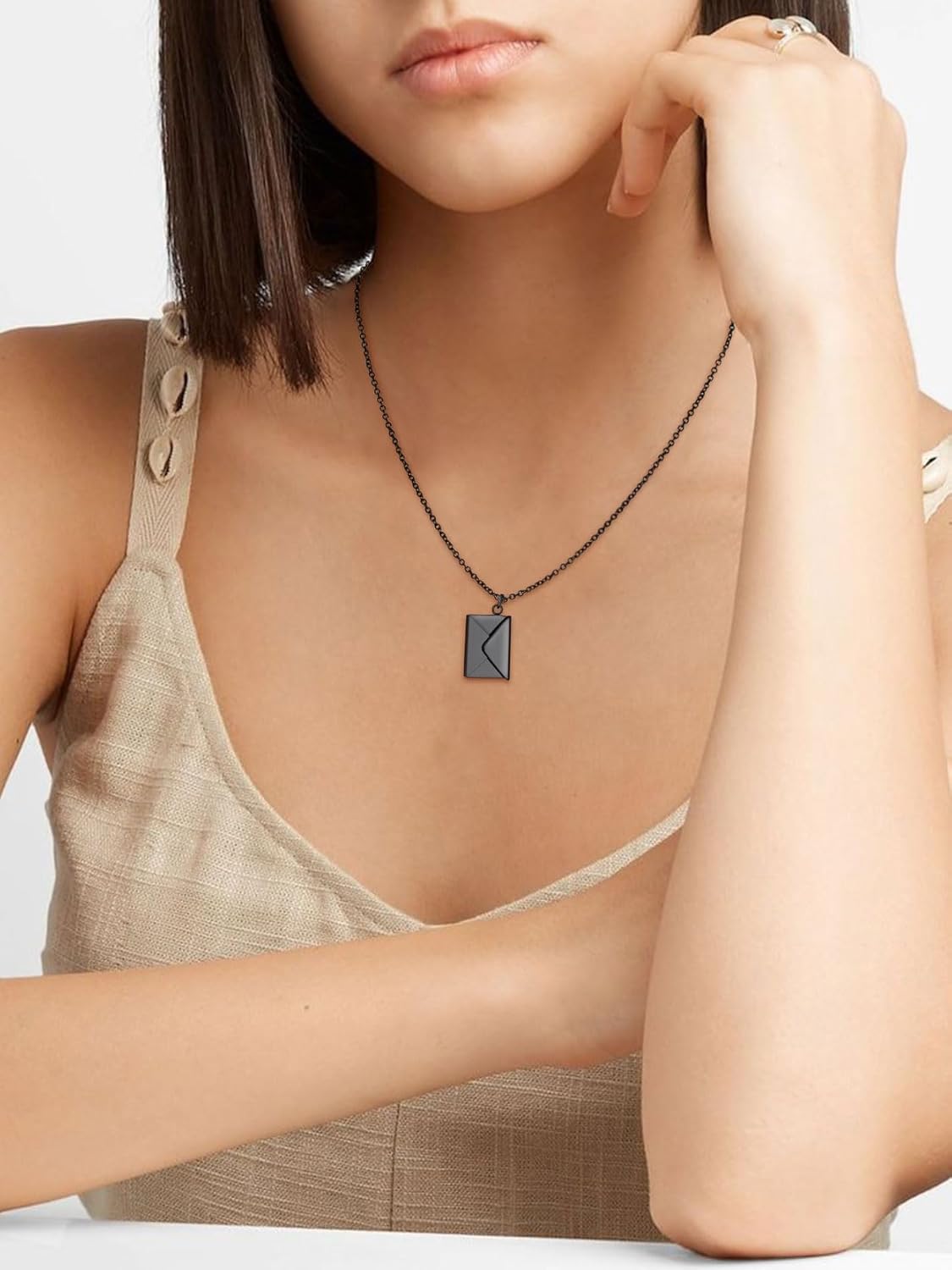 GOLDCHIC JEWELRY Black Bracelets Envelope Necklace Bundle for Women, Black Heart Charm Bracelets Envelope Necklace with Message for Girlfriend Wife Mother