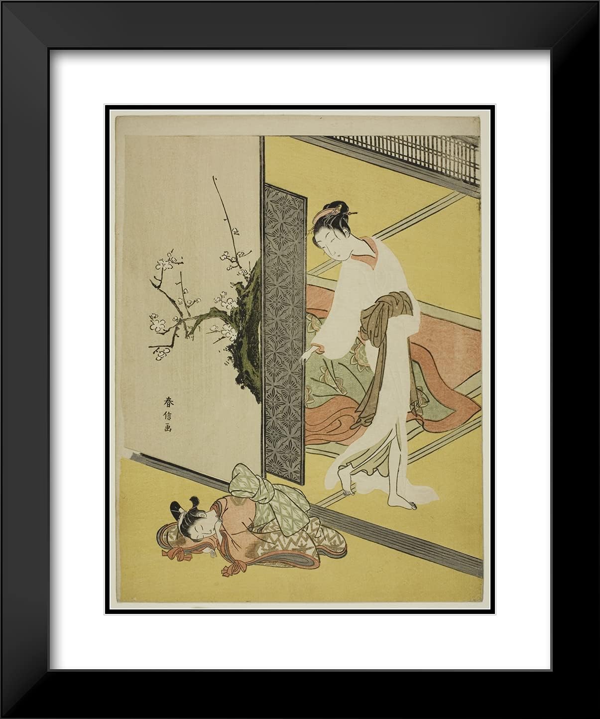 ArtDirect Suzuki Harunobu 20x24 Black Modern Framed and Double Matted Art Print Titled A Courtesan Catching Her Attendant Sleeping