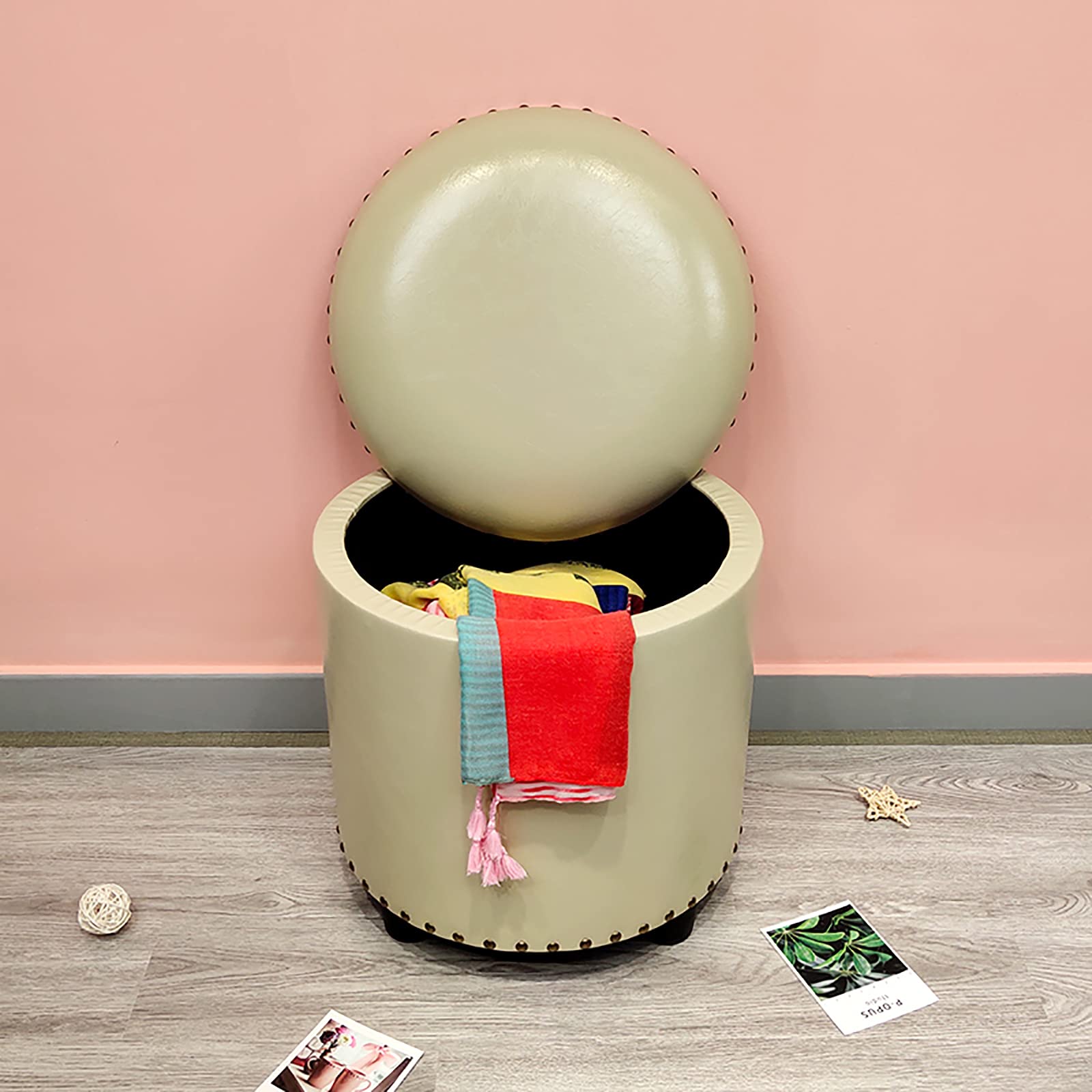 Pouf de rangement rond similicuir et repose-pieds rembourré 40cm