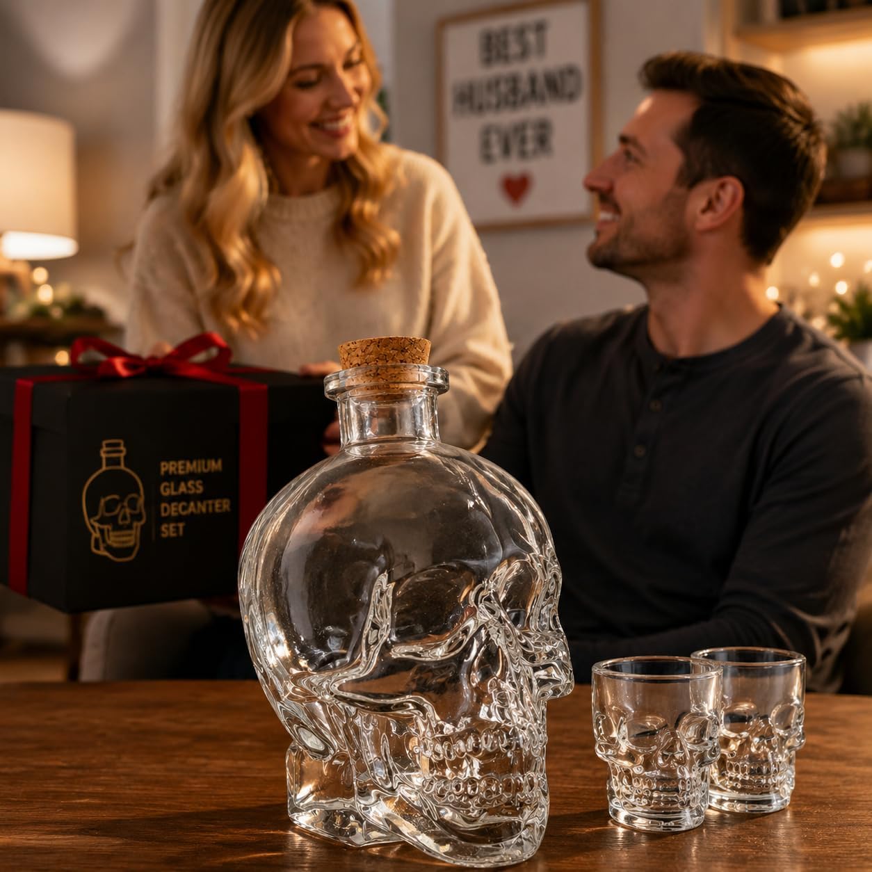 Skull Decanter Set – 25oz Crystal Glass Decanter with 2 Small 50ml Skull Cups, Halloween-Themed Whiskey Decanter for Liquor, Vodka, Wine, Bourbon, and More