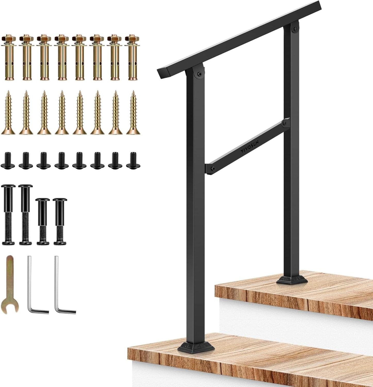 VIVOSUN 2-Step Outdoor Stair Handrail 26x36 Inch Adjustable Wrought Iron Rail for Concrete Porch Steps Easy Install Black