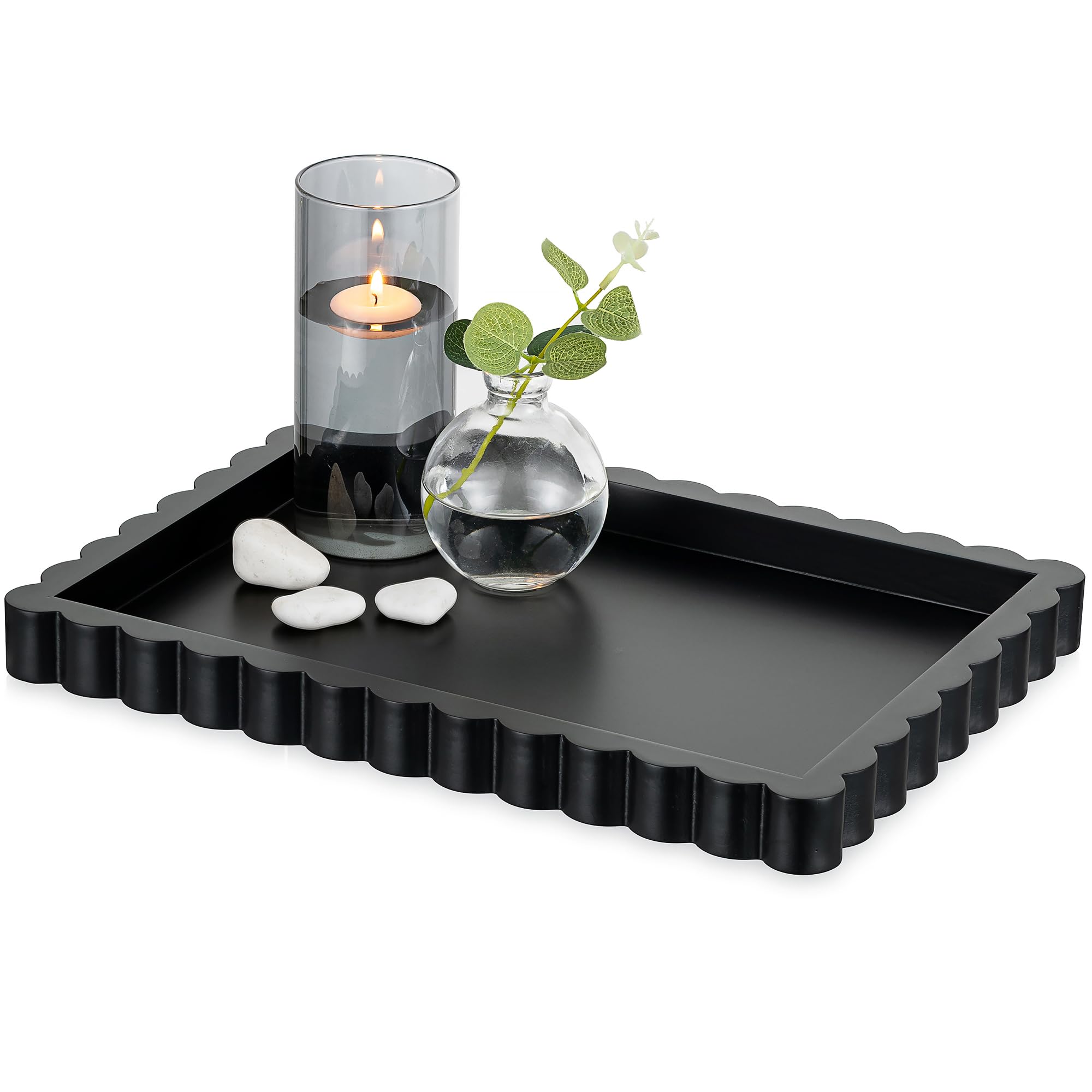 Hanobe Bandeja decorativa para servir negra: decoración moderna de madera para el hogar, 35 x 25 cm, para sala de estar, mesa de centro, otomana, festoneada, rectangular, centro de mesa para baño