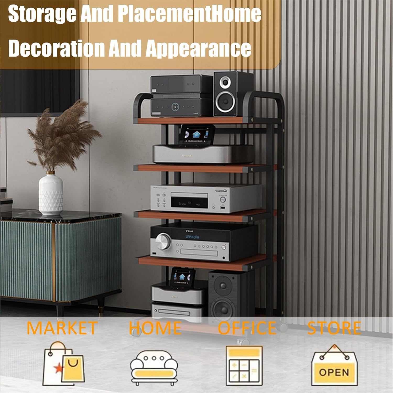 Movable media stand with wheels 3 4 5 Tier, audio rack cabinet for TV, AV Media Stand, Consoles, Streaming, Audio Video Components, Stereo Equipment, Gaming Devices(C,3Tier)