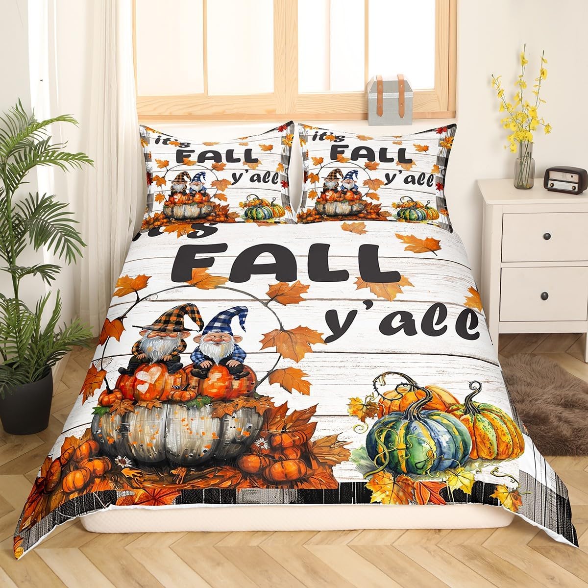 Manfei Fall Pumpkin Kids Duvet Cover Set Queen Size, Autumn Gnomes Maple Leaf Comforter Cover, Vintage Wooden Plank Bedding Set for Boys Girls, Lightweight Bedspread Cover,2 Pillowcases,No Comforter