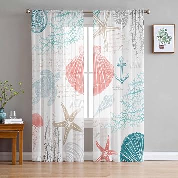 Teal Coral Red Sheer Curtains 72 Inches Long 2 Panels Set, Sheer Curtains for Living Room/Bedroom, Summer Beach Starfish Turtle Nautical Anchor Jellyfish Light Filtering Pocket Curtain 52x72x2
