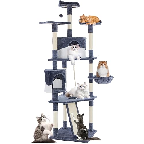 Sweetcrispy 79 inch Cat Tree Tower, Large Multi Level Cats Climbing Tower with Condo, Natural Sisal Scratching Posts, Extended Platform, Basket, Tall Pet Tree House for Indoor Cats Play, Dark Blue