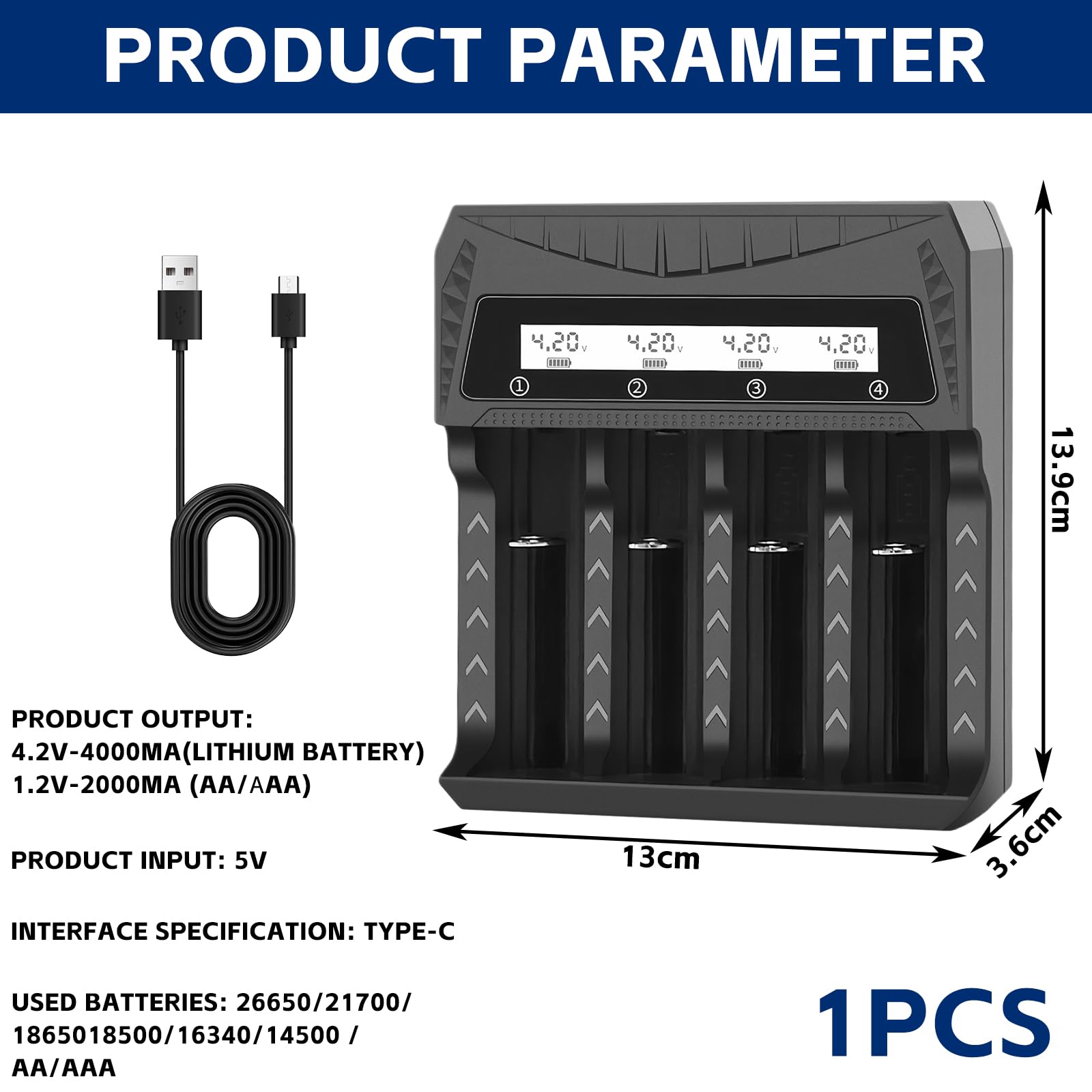 JIUWIIL 4-fach Akku Ladegerät Mit LCD - Für Li-ion & Ni-MH AA AAA 18650