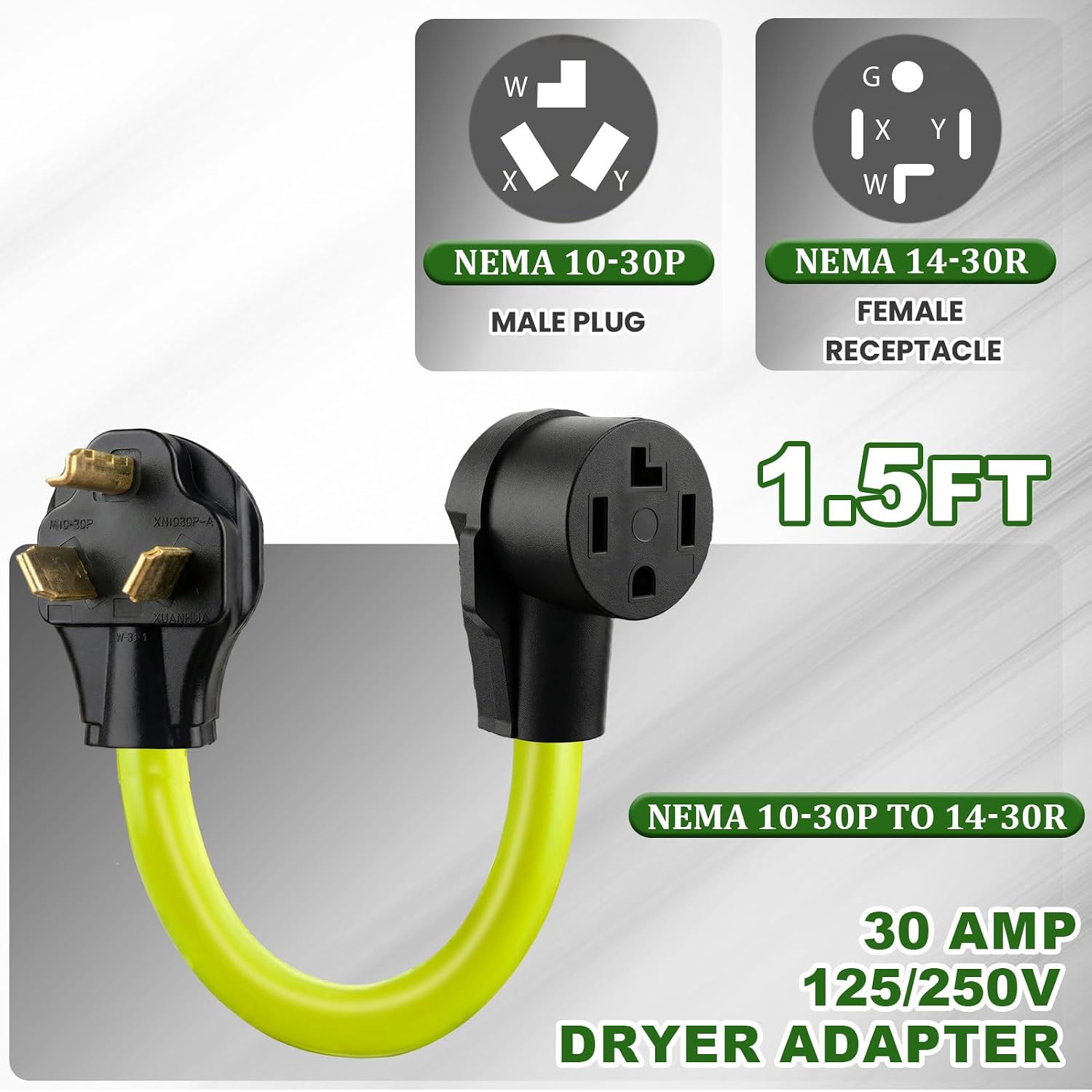 Upgraded NEMA 10-30P to 14-30R Dryer Plug Adapter, 4 Prong to 3 Prong Dryer Adapter, 3Connects Newer Electric Dryer to Older House Outlet, 30 Amp Dryer Plug Converter Adapter (1.5FT, ETL Listed)