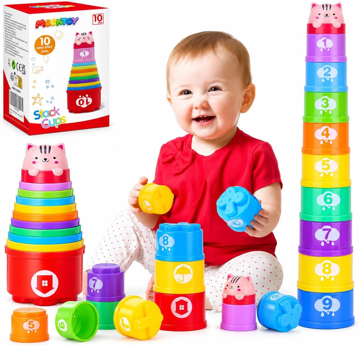 MOONTOY Baby Stacking Cups Toys 6 to18 Months, Montessori Toys for Toddler | Nesting Cups Learning Toy with Numbers Shapes Patterns, Baby Bath Toy 6 10 12 Months, Gifts for 1 2 3 Year Old Boys Girls