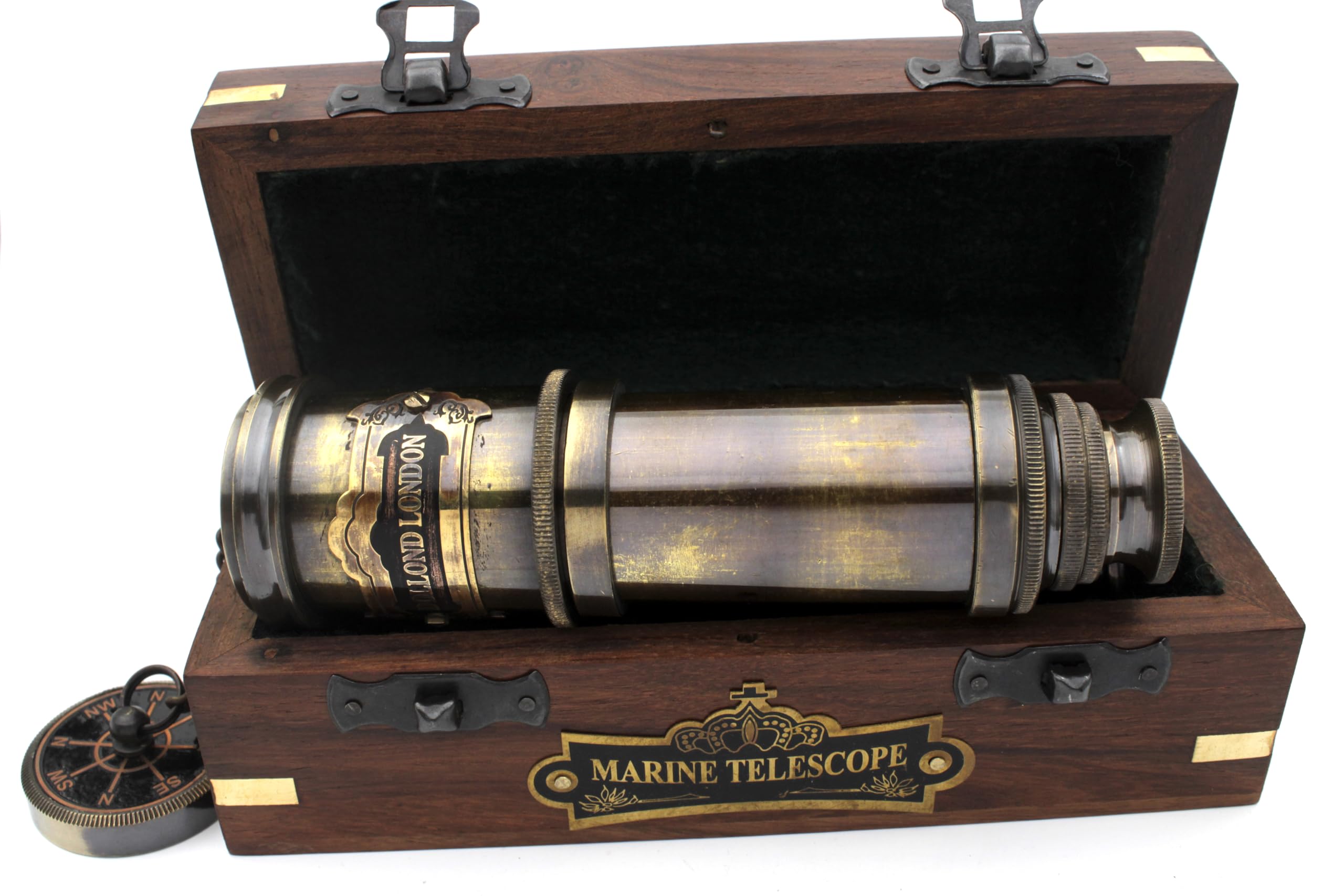 Vintage Nautical Handheld Brass Telescope with Wood Box - Nautical Captain Spyglass Telescope