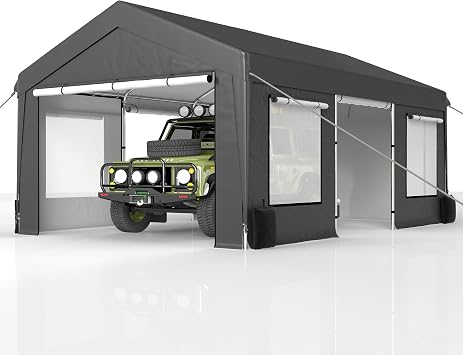 COVERONICS 12x20 FT Heavy Duty Carport Tent - Portable Outdoor Car Canopy with Roll-up Side Doors & Windows, Portable Garage with 4 Sandbags for Car, Truck and Outdoor Event, Gray