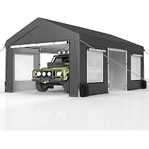 COVERONICS 12x20 FT Heavy Duty Carport Tent - Portable Outdoor Car Canopy with Roll-up Side Doors & Windows, Portable Garage with 4 Sandbags for Car, Truck and Outdoor Event, Gray