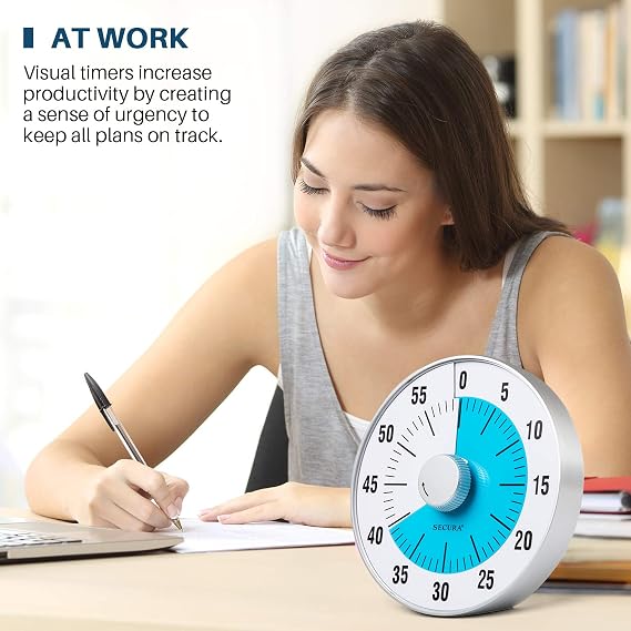 Secura 7.5-Inch Oversize Visual Countdown Timer, 60-Minute Kitchen Timer | Time Management Tool for Kids, Teachers and Adults (Blue)