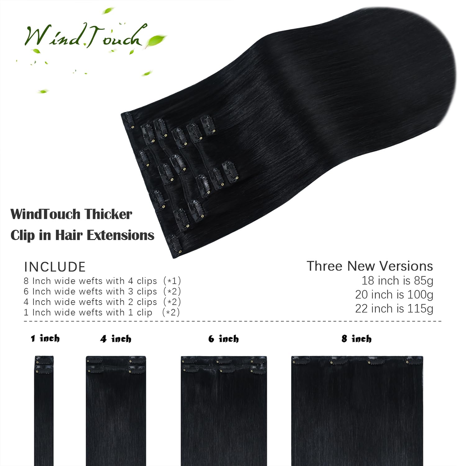 WindTouch Clip in Jet Black Straight Human Hair Extensions - 7pcs, 22inch, 115g
