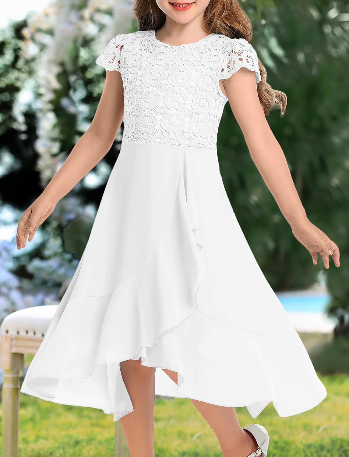 HOSIKA Girls Vintage Lace Chiffon Ruffle Sleeve A-Line Wedding Party Junior Bridesmaid Dress for Kids 6-12 Years
