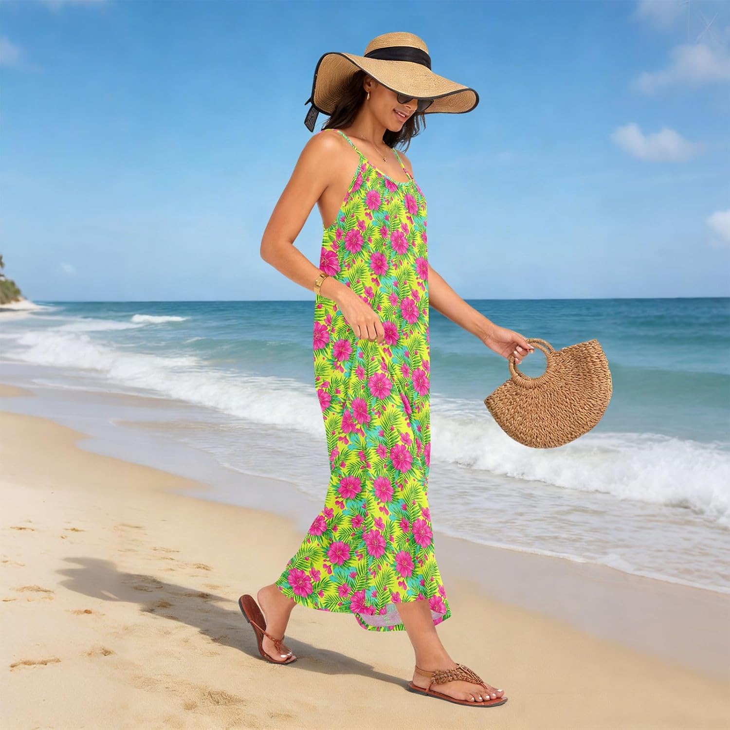 Women Thin Strap Back Dress Gentle Skin-Friendly Loose Flowy Dresses Perfect for Multi Scenes Hibiscus image 2