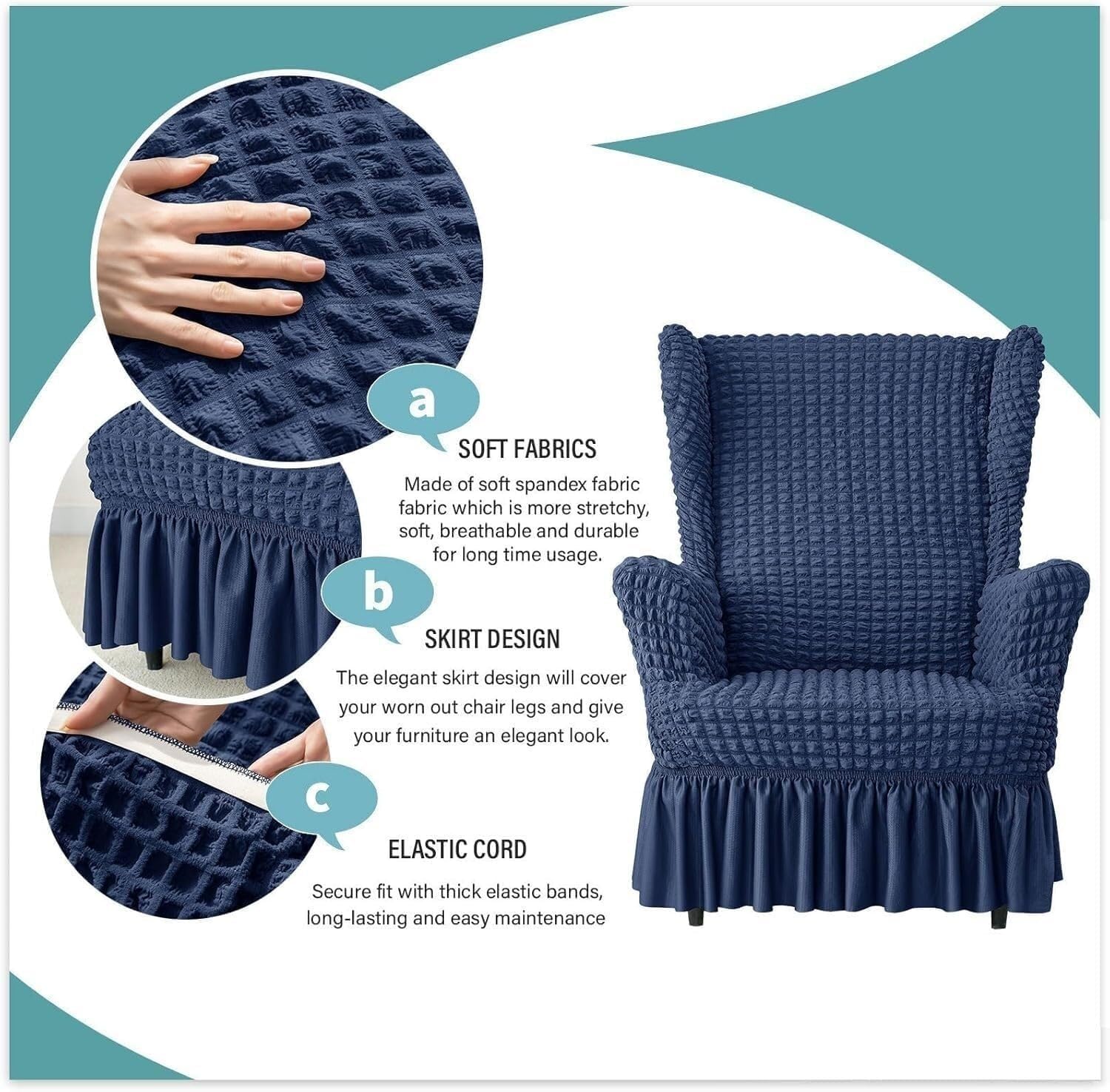 Stretch Seersucker Wingback Chair Cover, Universal Bubble Wingchair Slipcovers with Skirt, Living Room High Back Armchair Protector Set with Ottoman Covers(Dark Blue,Chair+Ottoman)