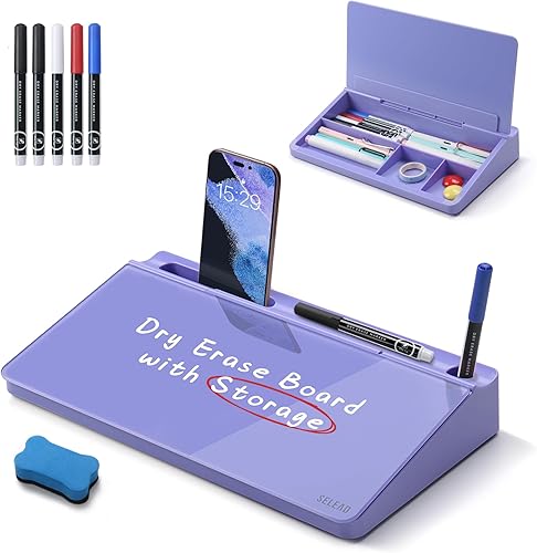 SELEAD - Pizarra blanca de escritorio de vidrio con almacenamiento, pizarra pequeña de borrado en seco, teclado con soporte para computadora,