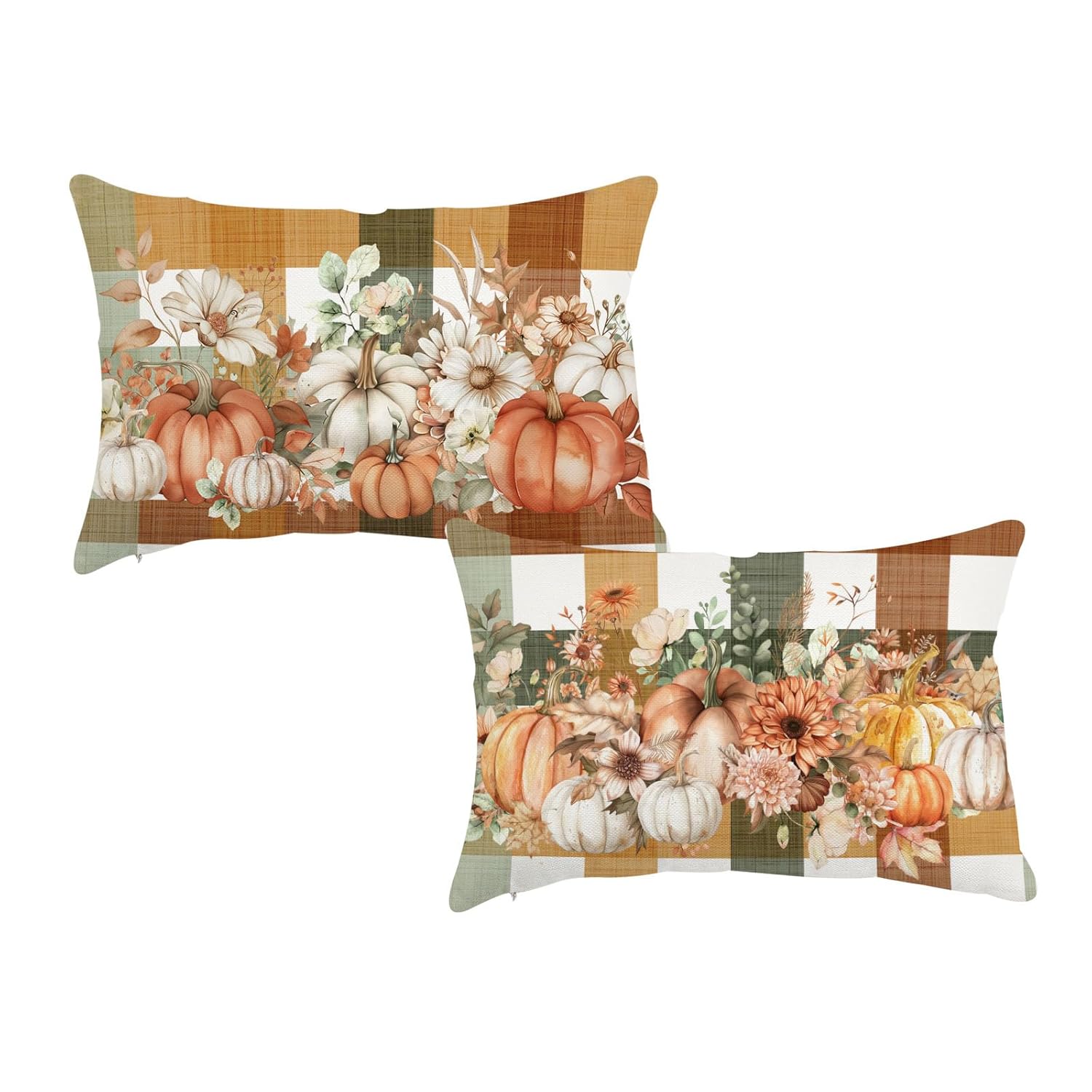 HJZLB Fall Buffalo Plaid Pumpkin Throw Pillow Covers 12x20 Inch Set of 2 Autumn Thanksgiving Harvest Floral Lumbar