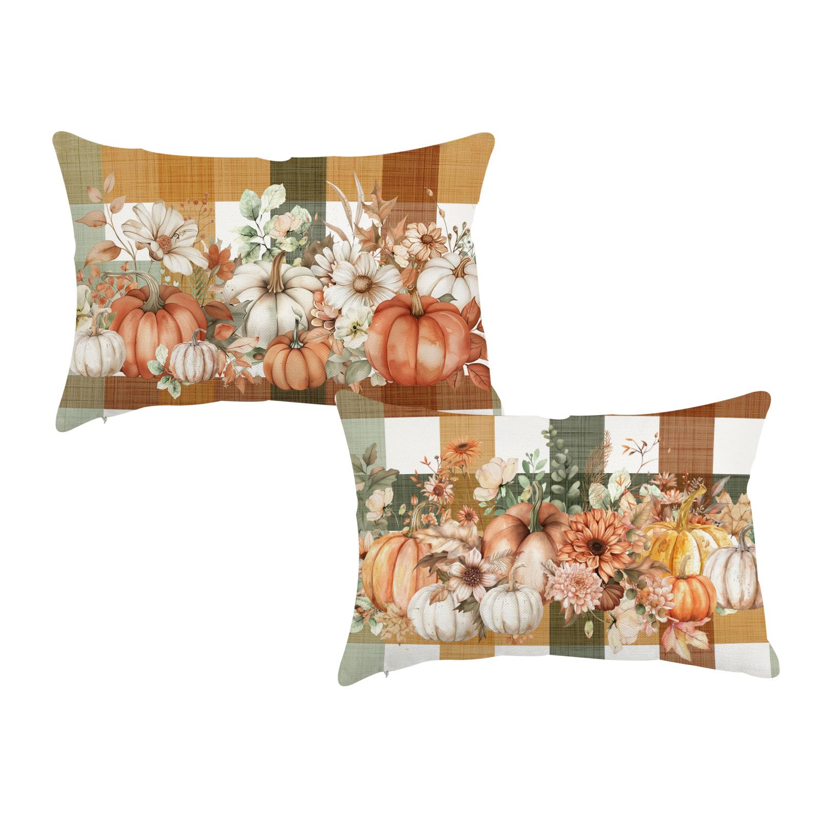 HJZLB Fall Buffalo Plaid Pumpkin Throw Pillow Covers 12x20 Inch Set of 2 Autumn Thanksgiving Harvest Floral Lumbar