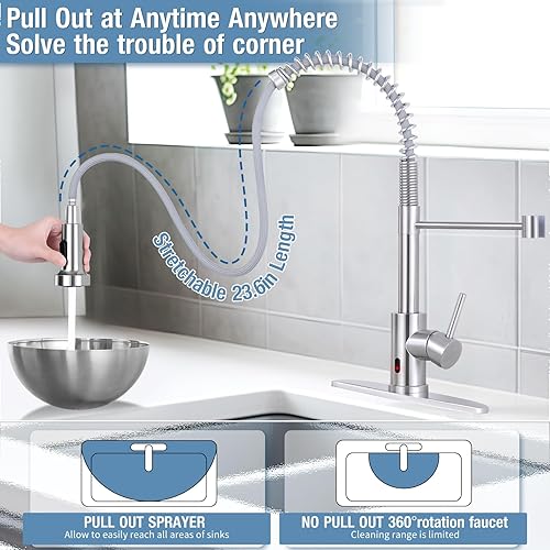 Miniatura 5 de DJS Grifos de cocina con rociador desplegable de níquel cepillado  Sin contactoGrifo de fregadero de cocina de resorte de 1 o 3 agujeros con placa