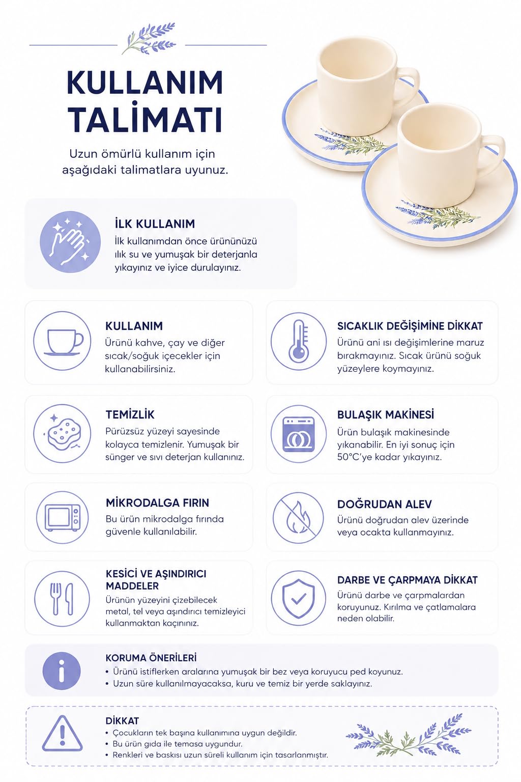 Kahve Fincan Takımı, Lavanta Desenli 4 Parça 2 Kişilik Seramik, Seramik Kahve Takımı, 4 Parça Kahve Seti, Şık Desenli Seramik Türk Kahvesi Fincan Seti, Premium Seramik Kahve Seti, Modern Kahve Seti