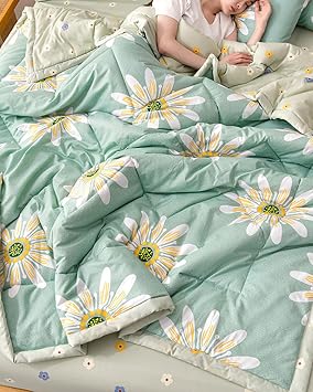 Chickwin Quilted Bedspread for Double Size, 200x230cm Green Daisy Floral Printed Pattern Bedding Coverlets Lightweight Summer Bed Throws Comforter Soft Luxury Sofa Blanket for All Season