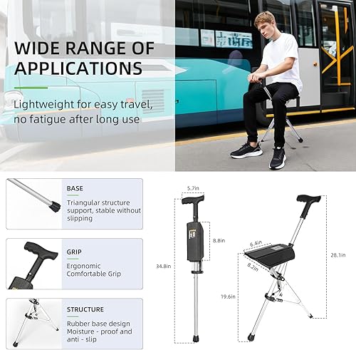 Miniatura 7 de Bastón de senderismo eléctrico plegable con asiento plegable automático, bastón de aluminio ligero, fácil de transportar y almacenar, antideslizante