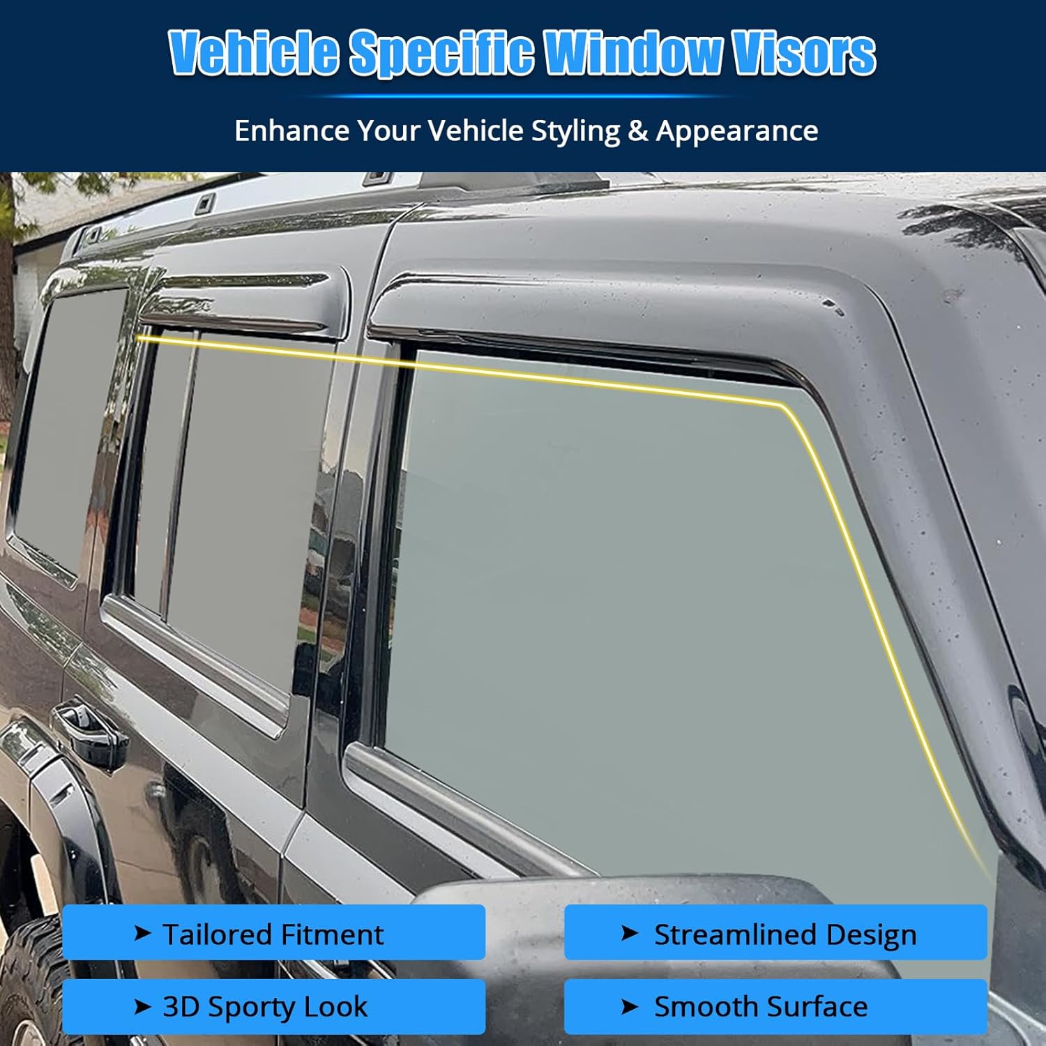 FREEMOTOR802® Tape-on Side Window Visors Wind Deflectors Rain Guards Vent Visors, Compatible with 2006-2010 Jeep Commander, Slim Style Smoke Tinted Acrylic 4 Pieces