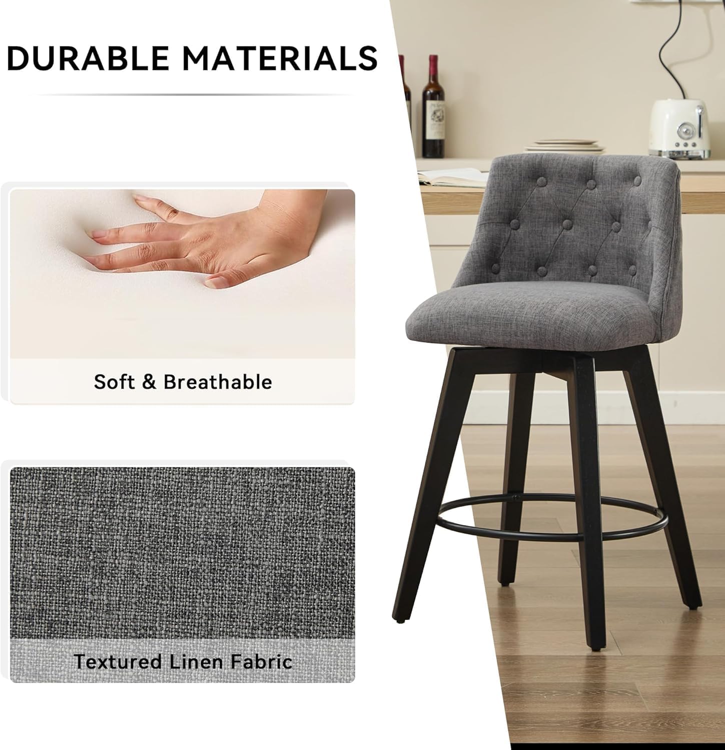 Swivel Upholstered Bar Stools with Backs Set of 4, 25" Seat Counter Height Wooden Bar Chairs, Mid-Century Modern Kitchen Island Wood Stools with Button Tufted Back, Grey Linen, Espresso